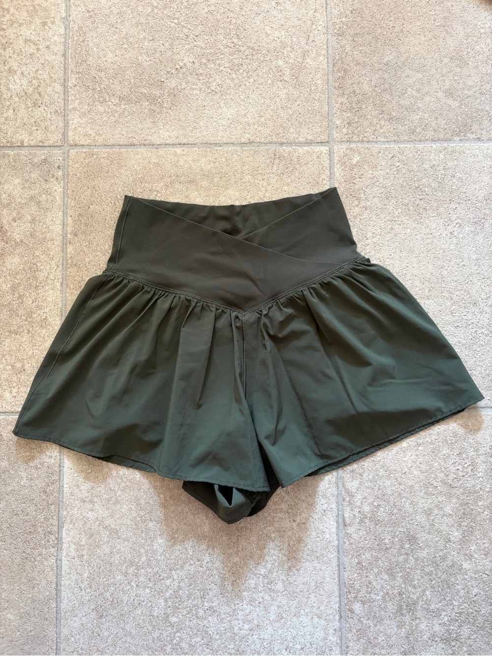 Aerie Offline Olive Green Crossover Athletic Flare Shorts
